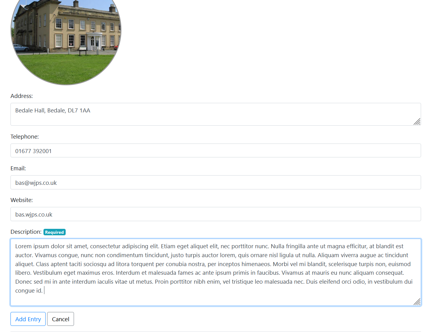 Showing details being entered for an example Entry