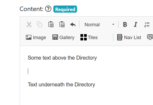 Showing cursor position within Content Editor where Directory will be added