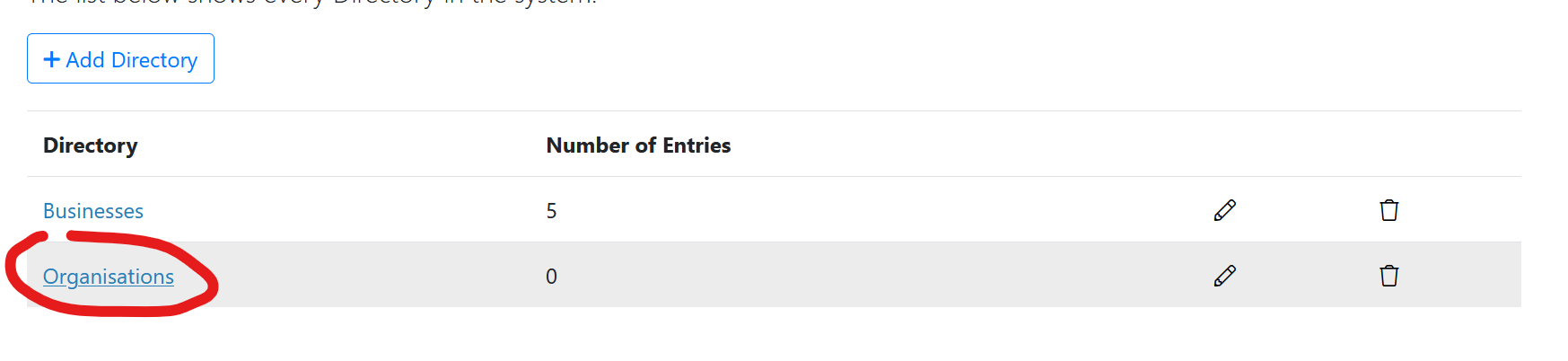 Showing where to click the Directory Name to add an Entry