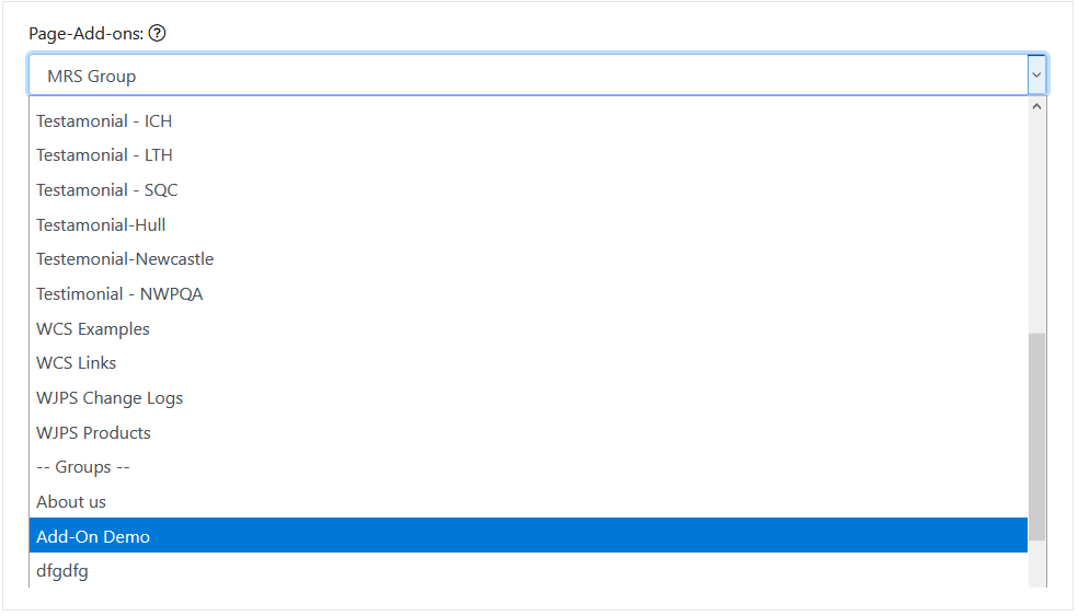 Page Add Ons Drop Down Menu