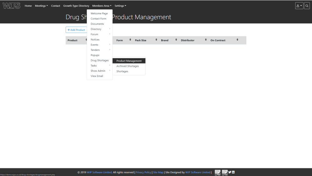 Drug Shortages to Product Management drop down menu