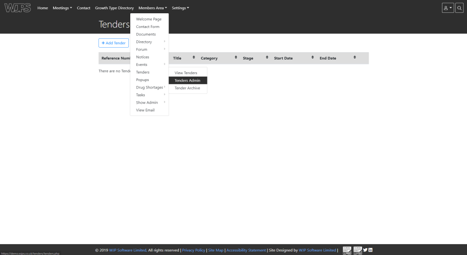 Tenders Admin in Drop Down Menu